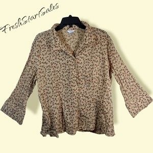 Christopher & Banks XL Yellow Long Bell-Sleeve Floral Print Button Down Blouse